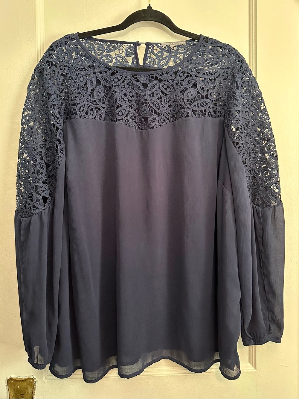 Jessica London Lace Yoke Chiffon Tunic with Flyaway Sleeves in Navy Blue (20W)